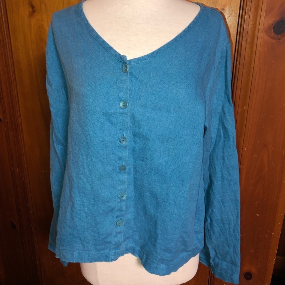WOMEN flax blue button down linen top size small